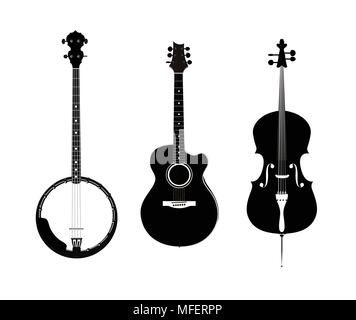 Banjo, Guitare acoustique et banjo - Ensemble d'orchestre et instruments folkloriques, Vector Illustrations en noir et blanc isolé sur fond transparent Illustration de Vecteur