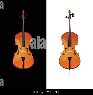 Violoncelle - instrument de musique à cordes orchestre pose verticale, Vector illustration isolé sur fond noir et blanc Illustration de Vecteur