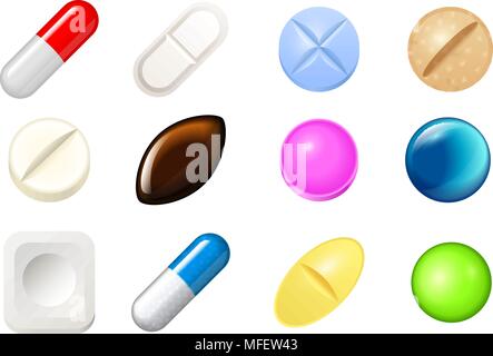 Série de comprimés et gélules painkiller. Les comprimés de vitamines pour être en bonne santé et médicaments antibiotiques sous blister. Des médicaments pharmaceutiques et médicales sur fond blanc. Illustration de Vecteur
