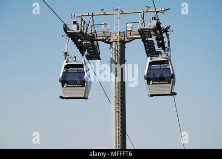 Le Téléphérique à ligne de funiculaire de la colline de Montjuic à Barcelone, Espagne le 19 avril 2018. Avec 55 voitures, la route de 750 mètres a ouvert ses portes en mai 2007. Banque D'Images