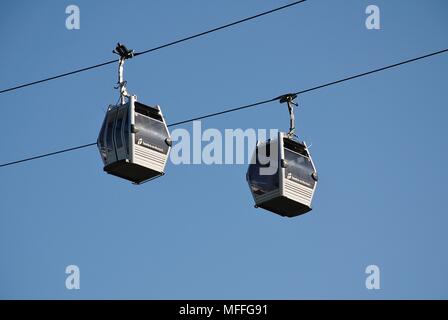 Le Téléphérique à ligne de funiculaire de la colline de Montjuic à Barcelone, Espagne le 19 avril 2018. Avec 55 voitures, la route de 750 mètres a ouvert ses portes en mai 2007. Banque D'Images