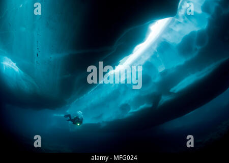 Scuba Diver sous et entre les formations de glace, le lac Sassolo, Sambuco valley, Tessin, Suisse Banque D'Images