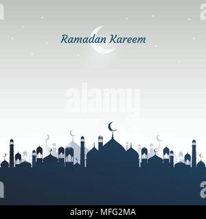 Ramadan Kareem belle carte de vœux. Ramadan Kareem arrière-plan avec la lune, les étoiles, lanterne, mosquée dans les nuages. Illustration de Vecteur