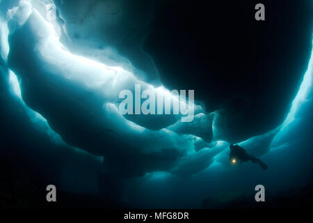 Scuba Diver sous et entre les formations de glace, le lac Sassolo, Sambuco valley, Tessin, Suisse Banque D'Images