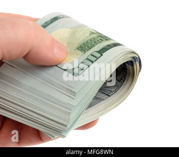 La main avec beaucoup de dollars dans roll isolated on white Banque D'Images