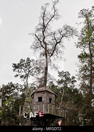 Cafe Sign sur un Treehouse le long d'un côté d'une Hi-way au Texas Banque D'Images