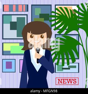 Femme journaliste avec microphone est un service d'information sur l'arrière-plan de peintures et des plantes. Modèle plat. Vector illustration Illustration de Vecteur