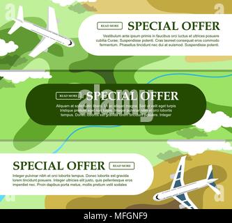 Ensemble de bannières horizontales en vue de l'espace pour votre publicité. Billet d'avion, croisière, location de télévision style. Vector illustration Illustration de Vecteur