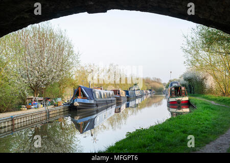 Bateaux du canal dans le canal d'oxford à Aynho Wharf au printemps. Oxfordshire, Angleterre Banque D'Images