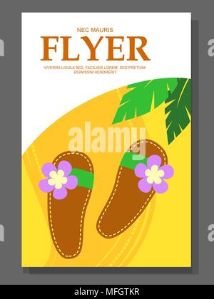 Flyer avec les chaussures de plage sur la plage de sable de l'arrière-plan. Chaussons près de Palms. Vector illustration Illustration de Vecteur