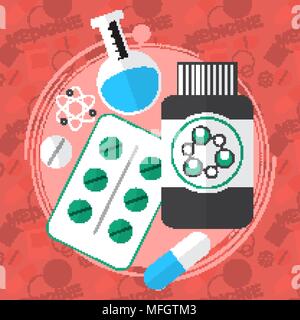 Télévision médecine icons set. Boîte de pilules, de comprimés, de pilules, de vitamines blister médicament liquide. Vector illustration Illustration de Vecteur