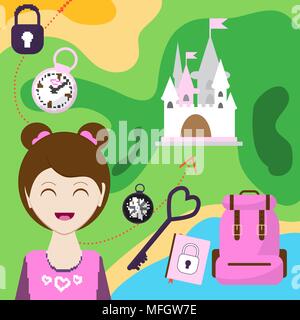 Plan avec une fille, sac à dos et d'autres éléments. La carte de passage au château. Jeu de l'enfant. Aider la jeune fille arriver avant l'endroit. Vector illustration Illustration de Vecteur