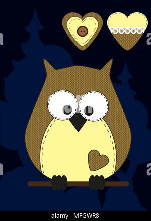 Cute cartoon owl en version plate pour carte de voeux, invitation et le logo avec un tissu de texture. Vector illustration Illustration de Vecteur