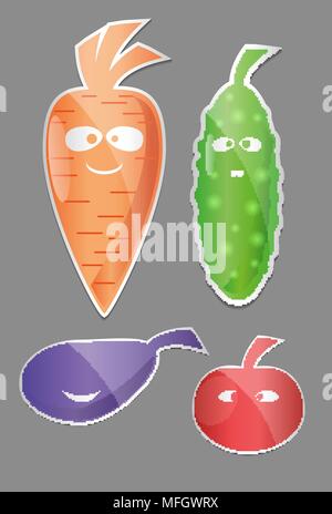 Icon Set de légumes. Des étiquettes avec des légumes carotte, concombre, tomate, aubergine télévision style. Vector illustration Illustration de Vecteur