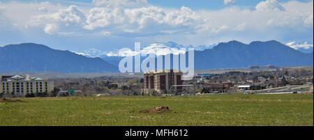 Prairie Dog Den donnant sur la ville et les montagnes Banque D'Images