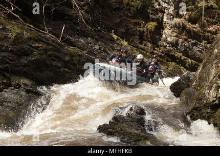 Groupe de personnes sur le radeau de la pagaie dans l'eau blanche. Banque D'Images