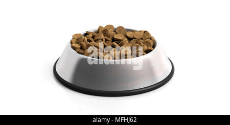 Des chiens ou chats aliments secs dans un bol en métal isolé sur fond blanc. 3d illustration Banque D'Images