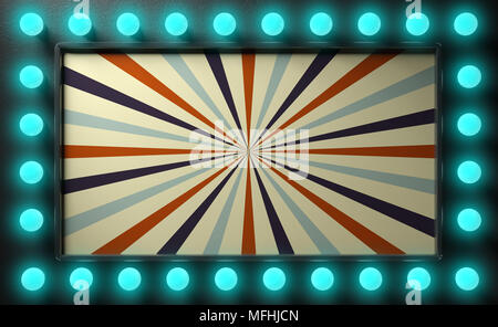 Style Vintage circus signe avec ampoules bleu cadre sur fond de mur noir. 3d illustration Banque D'Images