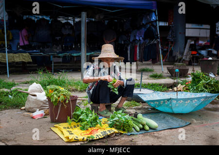 Fuli Village, Yangshuo, Guangxi, Chine - Août 2, 2012 : Une vieille femme chinoise la vente de légumes dans un marché de rue au Village Fuli dans le pays Banque D'Images