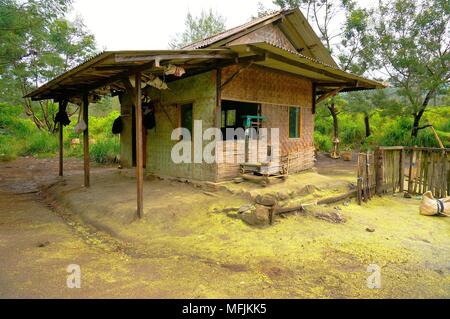 De simples maisons faites de paille, bois et bambou entouré de verdure Banque D'Images