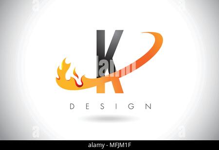 Lettre K Logo Design avec le feu et flammes Swoosh Orange Vector Illustration. Illustration de Vecteur