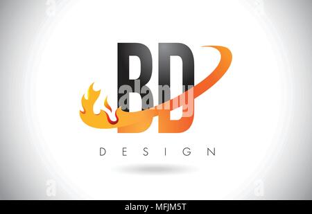 BD B D Lettre Logo Design avec le feu et flammes Swoosh Orange Vector Illustration. Illustration de Vecteur