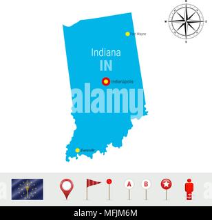 Indiana Carte vectorielle isolé sur fond blanc. Silhouette très détaillés de l'état de l'Indiana. Pavillon de vecteur de l'Indiana. Les marqueurs de carte 3D ou les pointeurs, Naviga Illustration de Vecteur