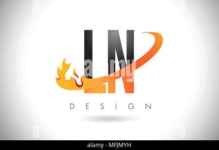 LN L N Lettre Logo Design avec le feu et flammes Swoosh Orange Vector Illustration. Illustration de Vecteur