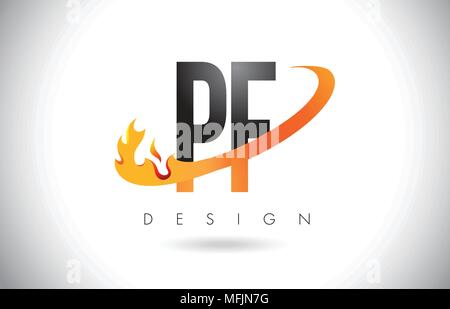 PF P F LETTRE Logo Design avec le feu et flammes Swoosh Orange Vector Illustration. Illustration de Vecteur