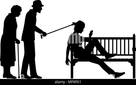 Vector illustration silhouette modifiable d'un couple de personnes âgées poussant un jeune homme slouched sur un banc de parc avec les chiffres comme objets séparés Illustration de Vecteur