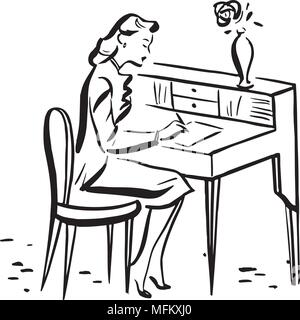 Dame écrit au Bureau - Retro Clipart Illustration Illustration de Vecteur