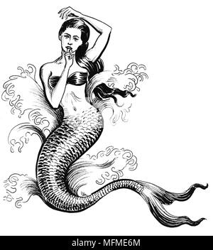 Dessin noir et blanc d'encre d'une jolie sirène Banque D'Images