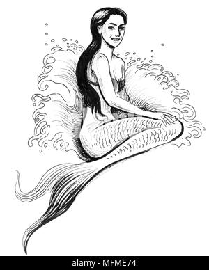 Belle merrmaid. Illustration noir et blanc Encre Banque D'Images