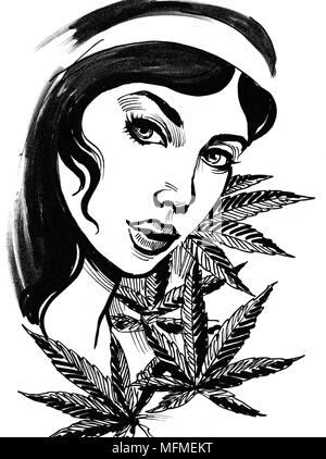 Femme et feuilles de cannabis. Dessin noir et blanc Encre Banque D'Images