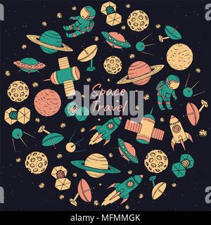 Hand drawn vector space travel poster avec les cosmonautes, satellites, fusées, planètes, étoiles filantes et OVNI. Impression sur le Cosmos étoilé sombre backgroun Illustration de Vecteur
