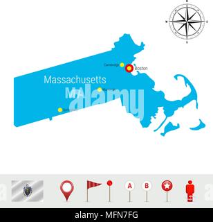 Le Massachusetts Carte vectorielle isolé sur fond blanc. Silhouette détaillées du Massachusetts. Drapeau vecteur du Massachusetts. Les marqueurs de carte 3D ou les pointeurs, Illustration de Vecteur