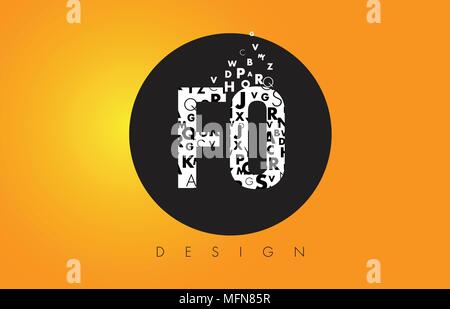 FO F O Logo Design constitué de petites lettres avec cercle noir et fond jaune. Illustration de Vecteur