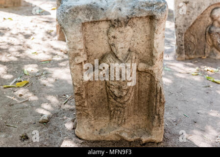 Détail de l'ancienne cité romaine en pierres tombales dans le château de Bodrum, Turquie. Banque D'Images