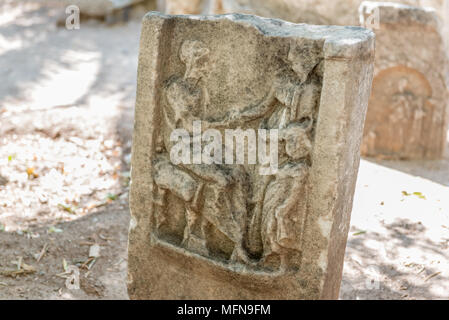 Détail de l'ancienne cité romaine en pierres tombales dans le château de Bodrum, Turquie. Banque D'Images