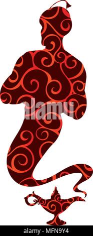 Conte d'Aladdin Genie silhouette modèle lampe. Vector illustration. Illustration de Vecteur