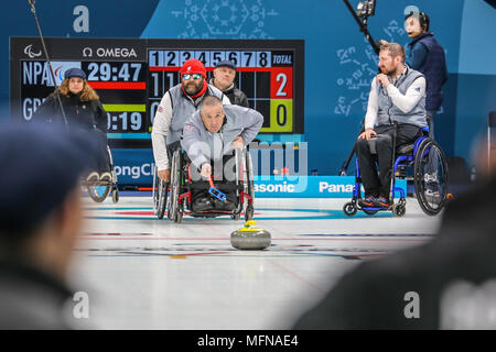 2018 13 mars. Jeux paralympiques 2018 Peyongchang en Corée du Sud. Session de curling en fauteuil roulant. Team GO Banque D'Images