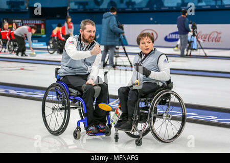 2018 13 mars. Jeux paralympiques 2018 Peyongchang en Corée du Sud. Session de curling en fauteuil roulant. Team GO Banque D'Images