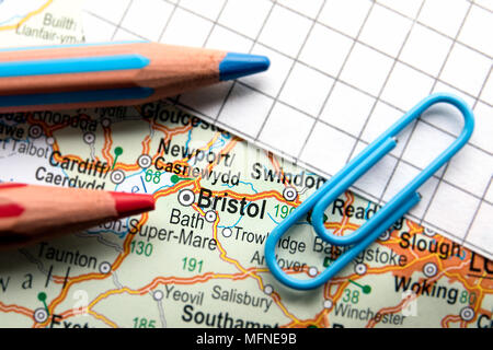 La ville de Bristol de Grande-Bretagne dans le centre de la carte géographique Banque D'Images