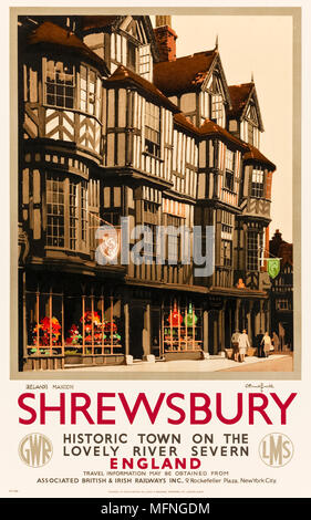 'Shrewsbury - Ville historique sur la belle rivière Severn en Angleterre' 1938 Tourisme affiche pour le marché américain avec l'Irlande hôtel particulier construit vers 1575 pour un marchand de laine nommé John Ireland. Illustration de Claude Boucle (1905-1973) pour le Great Western Railway et London, Midland & Scottish Railway. Banque D'Images