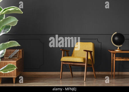 Close-up de feuilles vertes, jaune et noir fauteuil globe sur la table dans le salon intérieur Banque D'Images