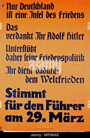 Affiche électorale, l'Allemagne, exhortant les gens à voter pour le Führer (Hitler) le 29 mars 1933. Banque D'Images