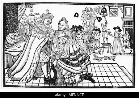 James I et VI Le Prince Charles accueil accueil de l'Espagne, 1623. Charles I (1600-1649) Roi de Grande-Bretagne et d'Irlande de 1625, avait été à l'Espagne devant la cour de l'Infante Maria. L'Espagne ne ferait que consentir au mariage si Charles convertis au catholicisme romain. Banque D'Images