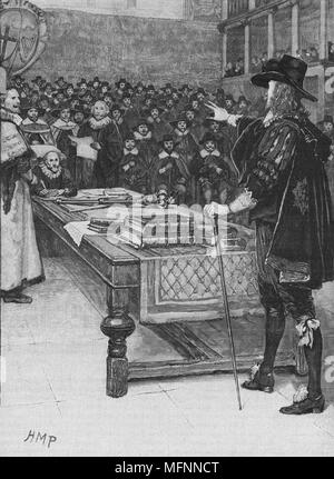 Procès de Charles I, janvier 1649. Charles ! (1600-1649), roi de Grande-Bretagne et d'Irlande de 1625 à l'essai par le Parlement à Westminster Hall, Londres. Charles, comme un monarque absolu, n'a pas accepté l'autorité de la cour et de son refus de plaider a été interprété comme un plaidoyer de culpabilité. Banque D'Images