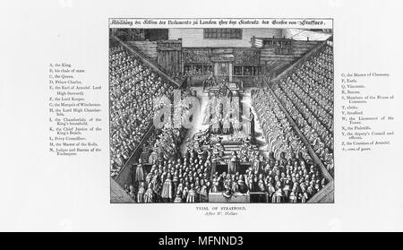 Le procès de Strafford. Thomas Wentworth, premier comte de Strafford (1593-1641), et conseiller principal à Charles I. destitué par le Parlement, le roi n'a pas réussi à le soutenir, et il a été reconnu coupable et exécuté. Après gravure de Wenceslaus Hollar. Banque D'Images