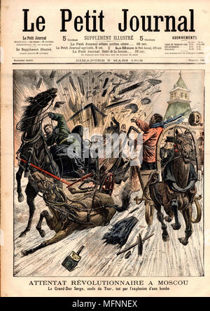 Le Grand-duc Sergueï Aleksandrovitch de Russie (1857-1905), oncle de Nicolas II, assassiné à l'aide d'une bombe lancée par le Kalayev Ivan révolutionnaire. À partir de 'Le Petit Journal', 5 mars 1905. Banque D'Images